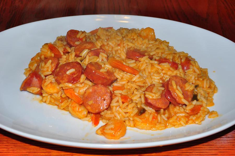 Homemade jambalaya with andouille and shrimp.