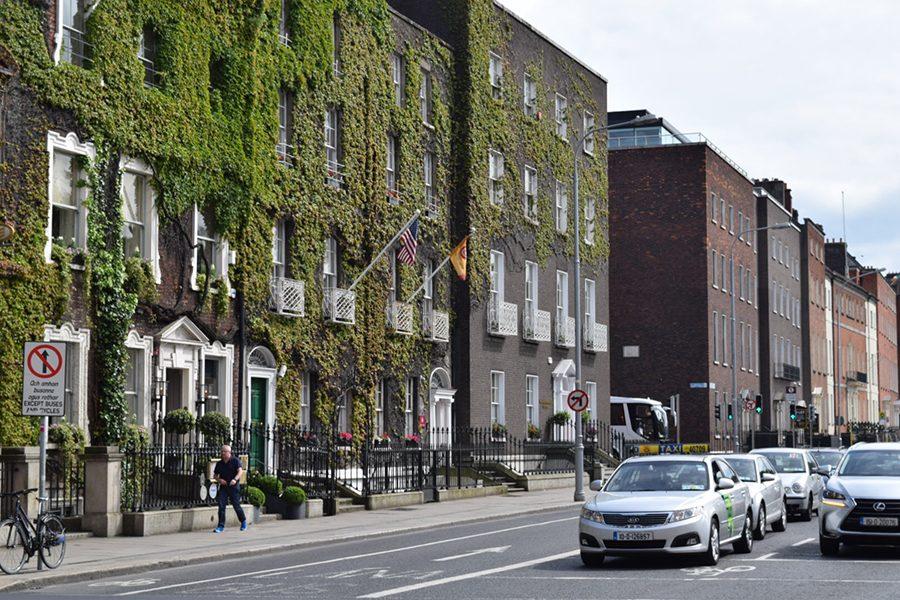 Homes line the street in Dublin, Ireland.