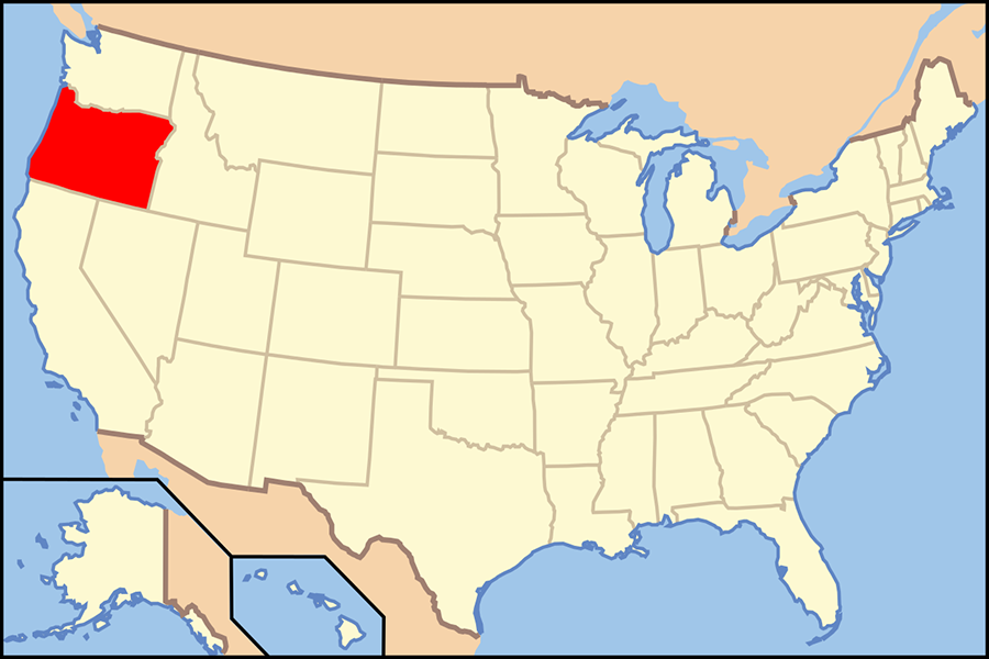 Map of United States with Oregon highlighted.