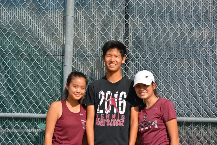 Cassie Chen, Jonathan Tan, and Grace Nguyen pose for a picture prior to a match (pictured left to right).