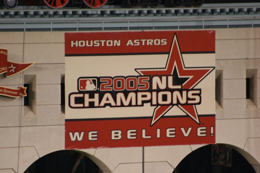 A championship banner hanging in Minute Maid park