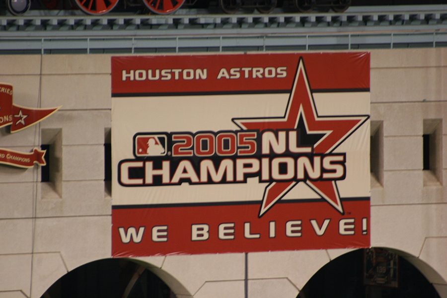 A+championship+banner+hanging+in+Minute+Maid+park