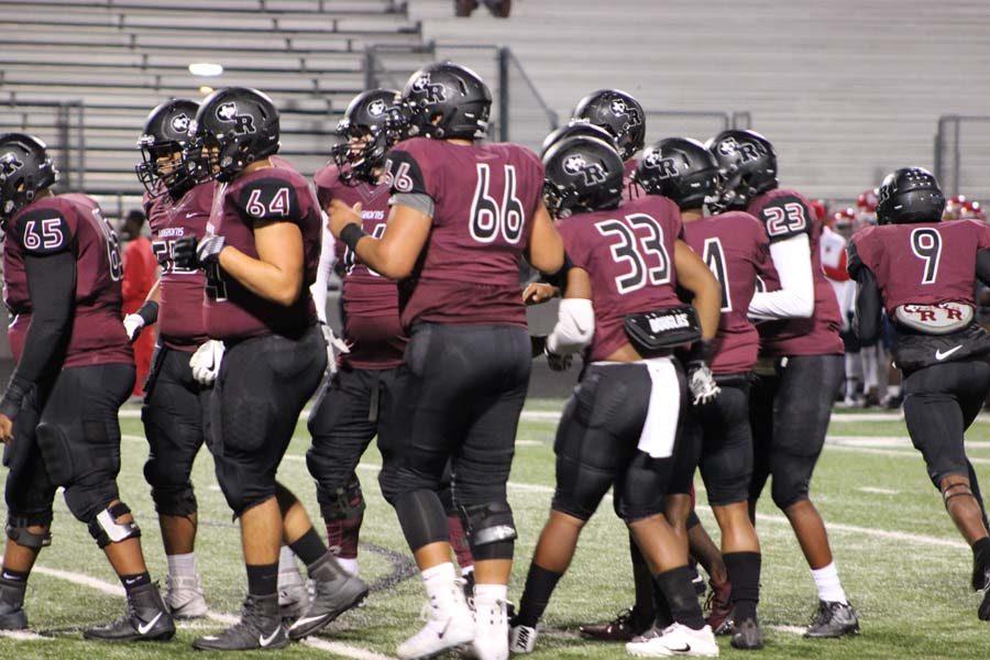 The Longhorns get ready for the next play.