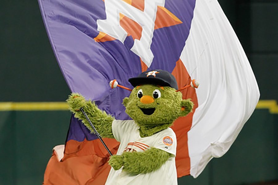 Astros mascot orbit waves the victory flag after an Astros win