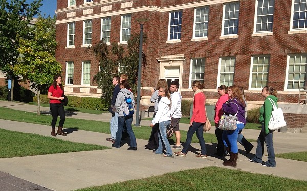 Perspective students touring a campus.