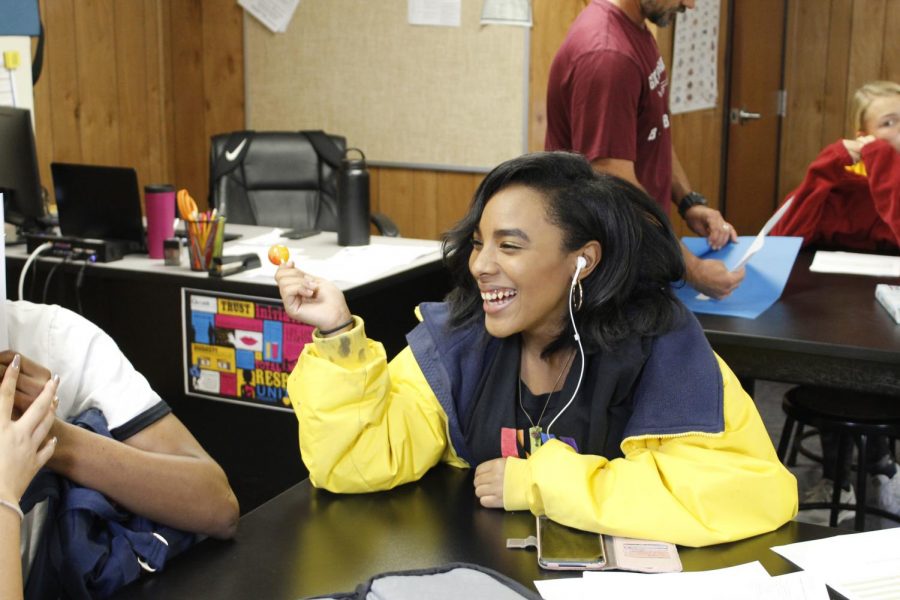 Trinity Moody (11) laughing at her own jokes during advisory.