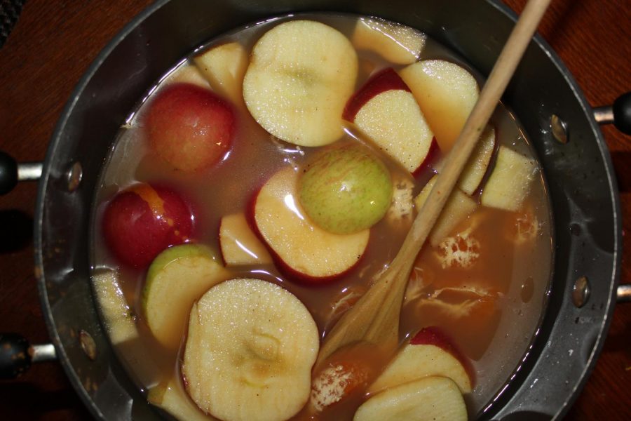 The hot cider teems with flavor as the richness of the fruits and the flavorful seasoning makes a delicious drink!