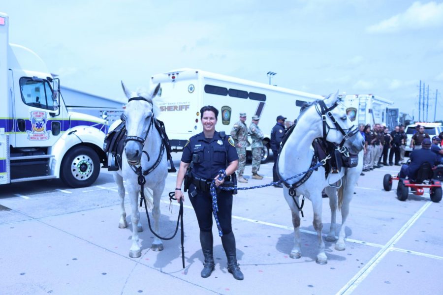 The female officer and the two horses posing amidst the crowd. 