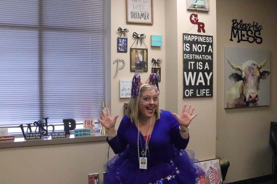 Mrs. Patterson is George Ranch's newest Principal and she is showing off one of her many tutus and school spirit on one of the first spirit days this school year.