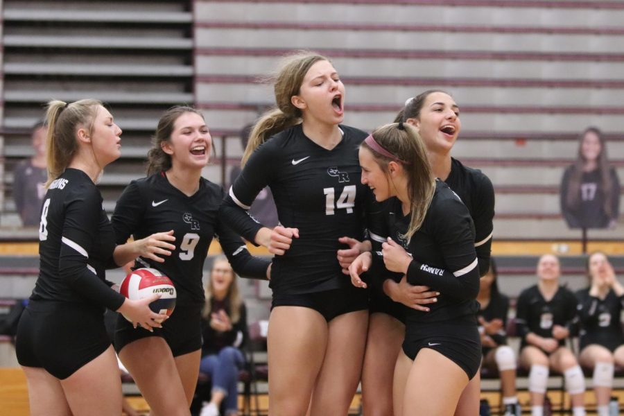 (Starting left to right) No. 8 Mackenzie Rock (12), No. 9 Paris Donavan (11), No. 14 Allie Sczech (10), and No. 12 Logan Lednicky (10) hyping up No. 15 Riley Steubing (9) for digging Pearlands hit perfectly to No. 1 Alex Tennon (11). 