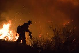 Firefighter trying to put out the fire.