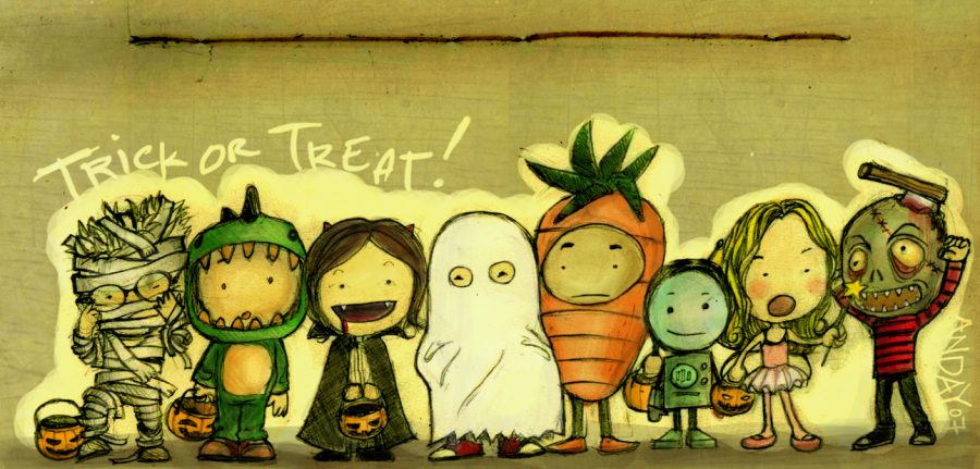 A drawn cartoon of little kids in Halloween costumes.