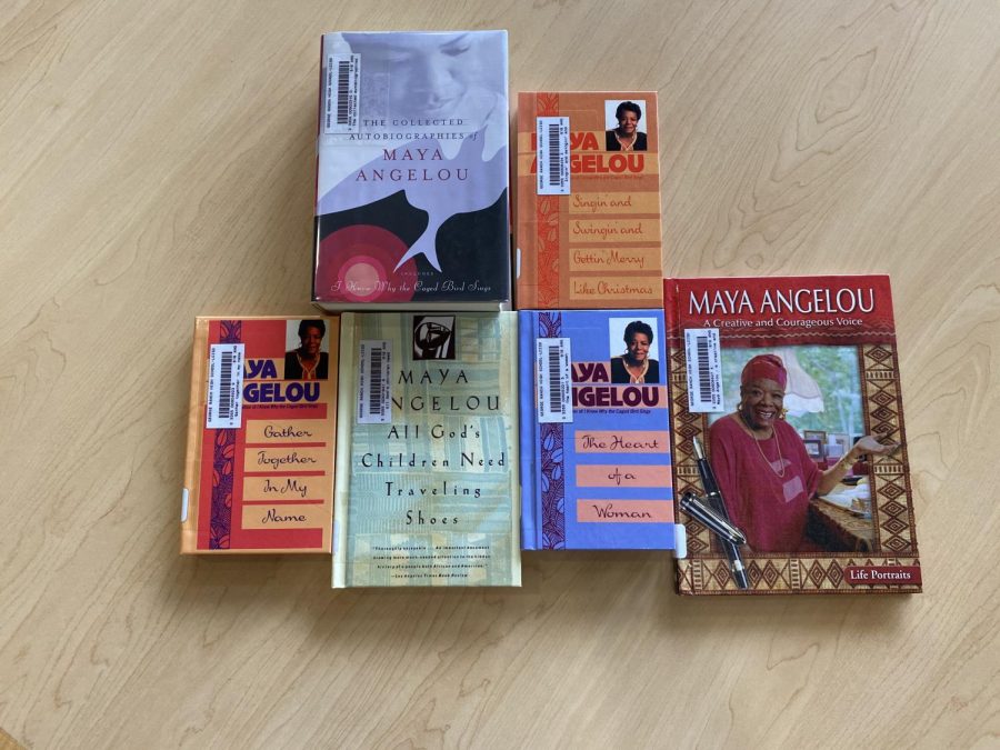 An+array+display+of+books+and+poems+written+by+Maya+Angelou.