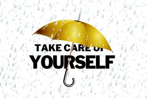 The golden umbrella has the words take care of yourself written behind it because self-care is important.