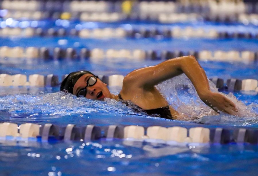 Keely Rollinson (12) competing in the girls 200m freestyle race. Rollison finished the race in first place with a final time of 1:56.57.