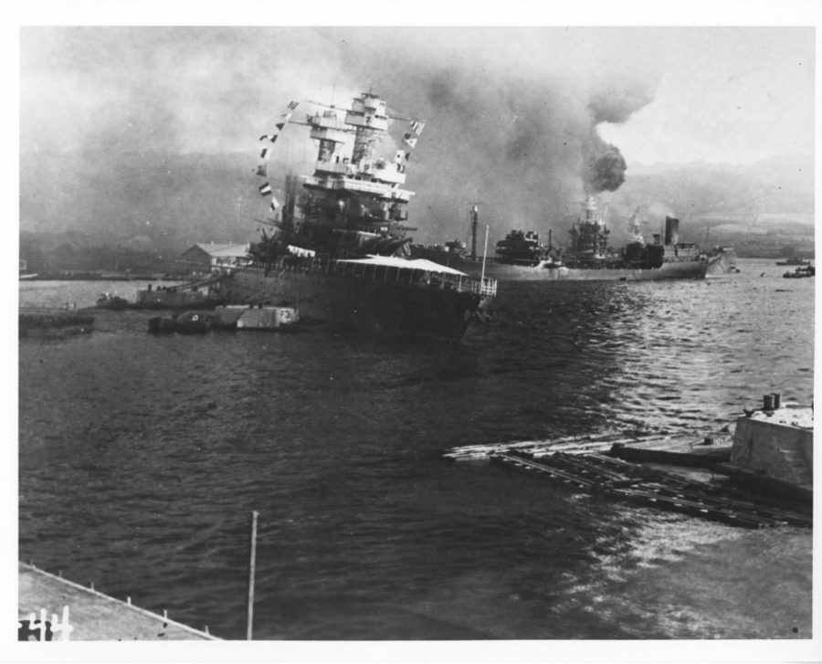 The USS California sinking after the bombing of Pearl Harbor.