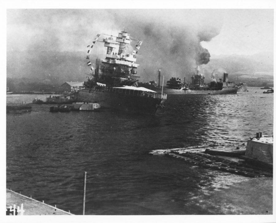 The USS California sinking after the bombing of Pearl Harbor.