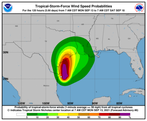 This graphic shows probabilities of tropical-storm-force winds coming from tropical Storm Nicholas.   