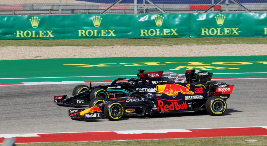 Red Bull driver and current championship leader, Max Verstappen, alongside 7-time world champion Lewis Hamilton.