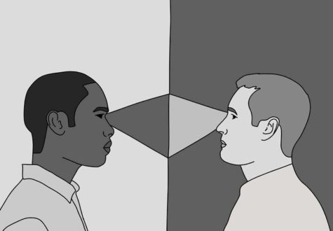 A black man and a white man trying to see things eye to eye.