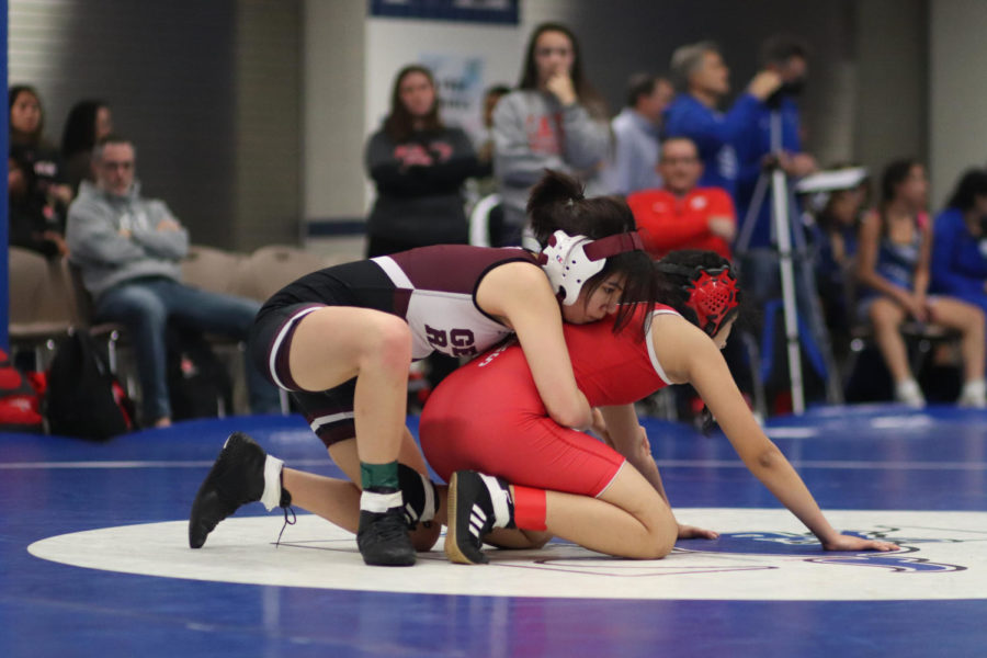 Wrestle! Kate Nguyen (12) is in starting position, ready to break down Katy’s wrestler.