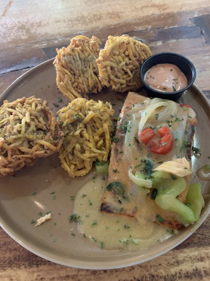 Boasting arañitas and salmon this platter from "Raíces" demonstrates the Puerto Rican love for both plantains and seafood.