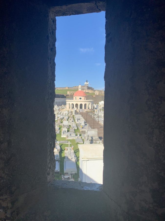 Beyond the cemetery this sentry box overlooks El Morro, the lighthouse perched at the highest point.